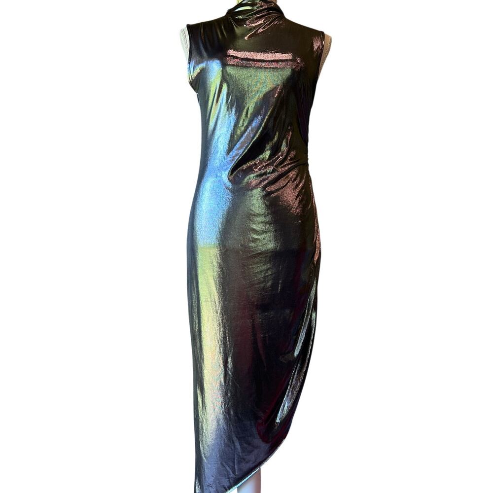 Micas Iridescent Metallic Midi Dress Sleeveless High Neck Bodycon Size L Festive